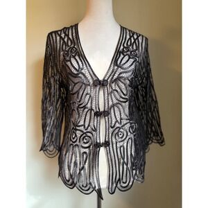 Ethos Black Lace Overlay Kimono Jacket Cardigan silk L boho whimsigoth sheer y2k